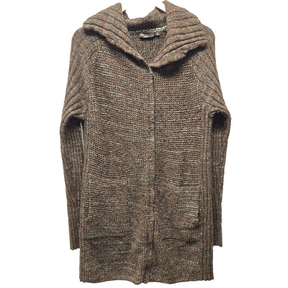 PrAna Long Full Zip Sweater Womens sz Medium Brown Organic Cotton Wool Pockets